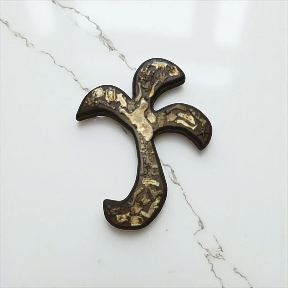 Mexican Folk Art Wall Hanging‎ Milagros Brown Wood Cross Gold Prayer Charms 9.5